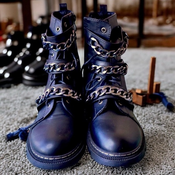 Lace up chain pu leather combat boots - Picture 1 of 5